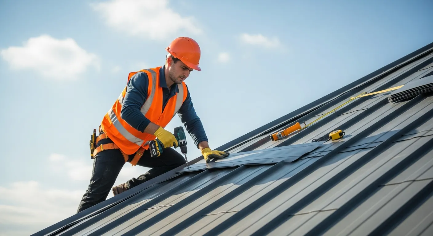 Professional roofer installing shingles on a Rhode Island home